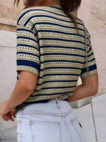 Blusa de punto de manga corta con cuello redondo y calado, a rayas, para mujer de talla grande, para verano - Caqui - Ver 2