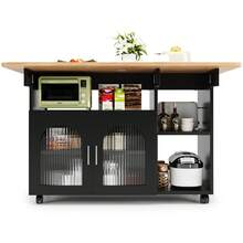 Kitchen Island, Modern Kitchen Island, Kitchen Cabinet, Serving Cart, Buffet Cabinet, Dining Cart With Wood Grain, Buffet Cabinet, Multifunctional Dining Table With Storage Space, Black - Black + Natural + Glass + MDF - View 10