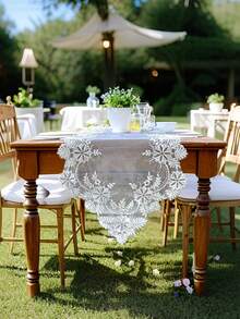 1 件 100% 涤纶刺绣桌旗，银色绣花线，婚礼和派对桌布 - 白色 - 查看 17