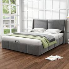 Upholstered Bed, Ear-Shaped, Cushion Top, Double Bed, Hydraulic Functional Bed, 160 X 200, Grey