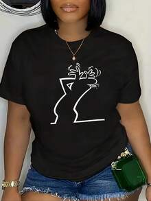 Camiseta Divertida De Dibujos Animados Impresa, Top Casual De Cuello Redondo Y Manga Corta Para Primavera Y Verano, Ropa De Mujer. - Oscuro - Ver 2