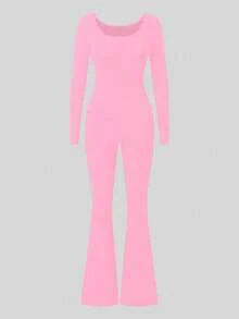 AiTyi PETITE 女士连体裤，修身休闲纯色U领简约时尚性感舒适修身款，适合户外运动通勤，百搭Y2K风格，适合毕业典礼、狂欢节、复活节、母亲节、春夏针织长袖喇叭裤连体裤 - 粉色 - 查看 4