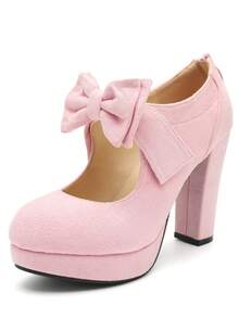 MAIERNISI JESSI Womens Bow Heels Mary Jane Shoes Round Toe Platform Chunky High Heel Vintage Dress Pumps - 粉紅色絨面 - 查看 2