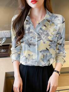 Áo sơ mi nữ dài tay in họa tiết hoa thanh lịch bán chạy nhất, thích hợp mặc ở nhà và đi nghỉ mát mùa xuân. - Màu xanh nhạt - Xem 2