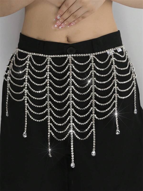Silver Multilayer Crystal Tassel Water Drop Waist Chain