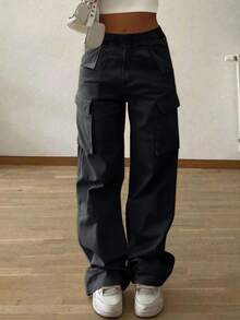 1pc Tween Girl/Teens High Street Design Casual Cargo Pants - Black - View 4