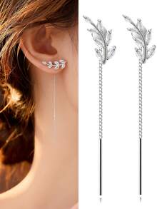 一对银叶水钻耳环，简约设计长流苏耳环，清新优雅的配饰 - 銀色 - 查看 7