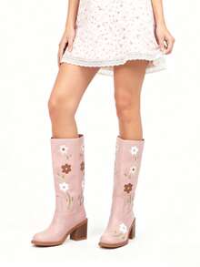 Western Boots For Women Flower Embroidery Mid Calf Boots Square Toe Chunky Block Heel Knee High Boots Low Heel Long Boots For Women Comfortable Casual Cowgirl Western Boots For Women Comfort Country Walking Shoes - Hồng - Xem 6