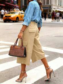 女式休闲纯色口袋七分工装裤 - 卡其色 - 查看 2