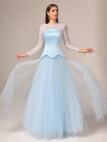 VIPGIRL Elegant Luxury Women's Formal Dress, Round Neck Lace Sleeves, Contrast Color Flared Mesh Dress, Valentine's Day Party - Baby Blue - View 6