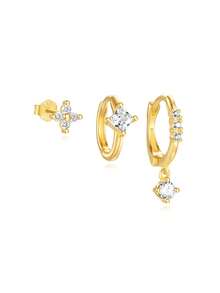 3 件不对称锆石 925 纯银单只耳环 女式时尚穿孔环状耳环 适合婚礼新娘首饰