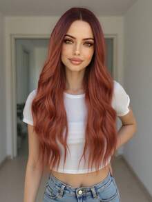 自然逼真的26英寸红棕色长波浪卷发耐热合成假发，中分设计，适合日常和派对佩戴 - 彩色 - 查看 14