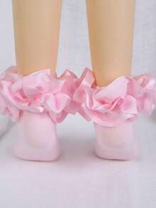1双女婴纯棉透气蕾丝荷叶边公主舞蹈袜 - 粉色 - 查看 2