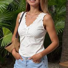 Livesso 韩版女式波点无袖蝴蝶结上衣外出上装 - 杏色 - 查看 7