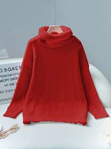 新款女士休闲时尚简约纯色针织高领毛衣，秋冬款 - 紅色 - 查看 9