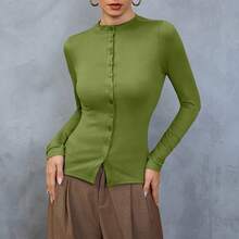 Women's Elegant Button-Up Casual Solid Color Vintage Slim Fit Sexy Top T-Shirt - Green - View 7