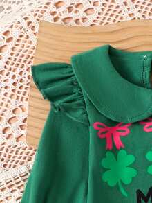 1pc Toddler Girls' Cute Fresh Floral Peter Pan Collar Long Sleeve Romper, Clover Design, Spring/Autumn - Green - View 4