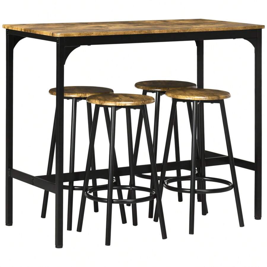 HOMCOM Bartisch 5 Piece Kitchen Table Set With 4 Bar Stools In Industrial Design, Rustic Brown Metal Dining Set For Kitchen And Bar On Site. - 1 - View 1