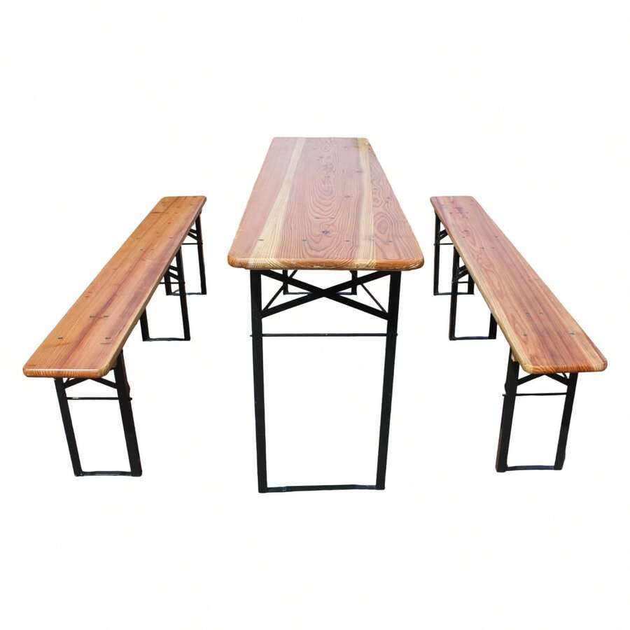 175cm Folding Beer Tent Set, 3 Pieces: 1 Folding Table + 2 Beer Benches, Solid Weather-Resistant Pine, Space-Saving, Beer Table Set For Garden Parties