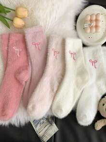 1Pair Mink Plush Bow Fluffy Mid-Calf Socks, Cute & Sweet Mid-Calf Socks, Thick & Warm For Home, Sleep, Bow Pattern, Soft & Comfortable, Suitable For Autumn/Winter Christmas Gift - 彩色 - 查看 9