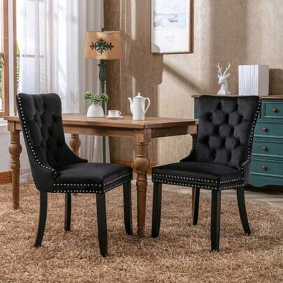 Nikki Collection Modern, High-End Tufted Solid Wood Contemporary Velvet Upholstered Dining Chair With Wood Legs Nailhead Trim 2-Pcs Set, Black, DE2001BK