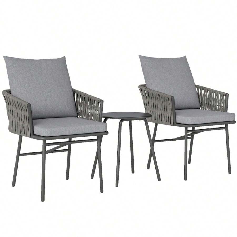 Outsunny 3 Piece Rattan Bistro Set, Seating Group, Garden Set With 2 Garden Chairs, Coffee Table, Cushions, Balcony Furniture Set For Garden, Patio, Steel, Grey