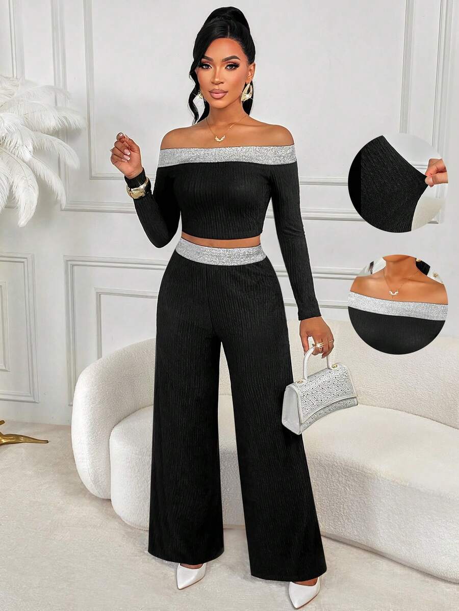 Amarilo Black Color Sexy Off Shoulder Long Sleeve Slim Fit Crop Top And Wide Leg Pants Women's Two Pieces Set With Silver Ribbon Splicing Design And Knit Stretch Striped Fabric, Daily Casual Going Out Outfits, Office Outfits For Women, Chic Style, Fall Clothes For Women, Winter Outfits For Women - Black - View 1