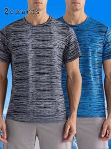 两件男士短袖上衣，采用时尚迷彩图案、圆领、针织面料和修身剪裁。运动风格设计，适合休闲穿着、街头服饰、户外活动、派对和运动场合——短袖。 - 彩色 - 查看 4