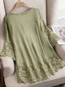 Patch Lace Floral Embroidered Knot Collar Casual Shirt