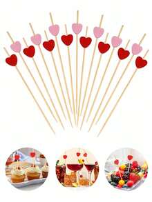 100 piezas Palillos de dientes con forma de corazón para fruta, palillos de cóctel de bambú con forma de corazón para el Día de San Valentín, palillos de dientes de bambú natural, adecuados para aperitivos, pasteles de frutas, postres, bocadillos de barbacoa, sándwiches, etc. para fiestas del Día de San Valentín. - Multicolor - Ver 1