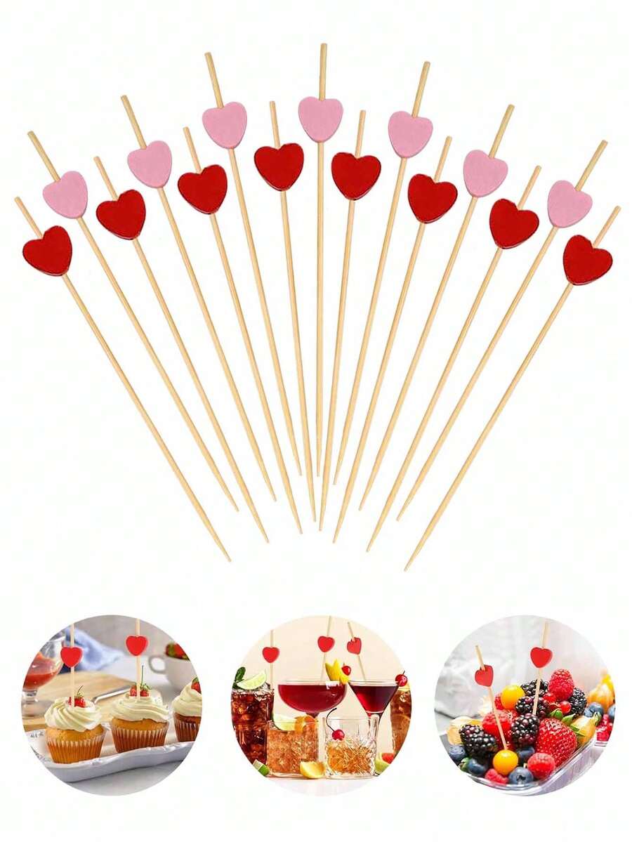100 piezas Palillos de dientes con forma de corazón para fruta, palillos de cóctel de bambú con forma de corazón para el Día de San Valentín, palillos de dientes de bambú natural, adecuados para aperitivos, pasteles de frutas, postres, bocadillos de barbacoa, sándwiches, etc. para fiestas del Día de San Valentín. - Multicolor - Ver 1