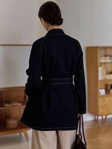 DAZY Women's Stand Collar Belted Loose Urban Casual Denim Jacket And Coat Fall/Winter - Dark Wash - View 3