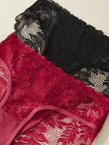 3pcs Classic Sexy Mid-Rise Panties, Seductive Lace Panties With Mesh Design, Black Panties, Red Panties, Floral Pattern, Romantic And Elegant Charm, Panty Sets, Sexy Lingerie, Fashionable Style - Multicolor - View 3