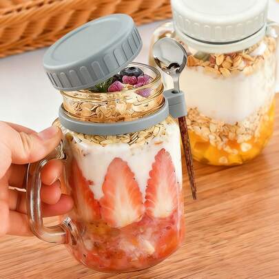 Cốc yến mạch ngâm qua đêm (có nắp và thìa), Hũ kín dung tích lớn (dùng đựng sữa, ngũ cốc, trái cây), Cốc sữa ăn sáng tiện dụng, Cốc salad/sữa chua bằng thủy tinh dành cho nữ, Hũ Mason có nắp (dùng đựng ngũ cốc, tiện mang theo)