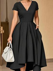 Elegant V Neck Short Sleeve Pleated Midi Dress For Women With Asymmetrical Hem And Pockets A Line Fit And Flare Party Style - 黑色 - 查看 7