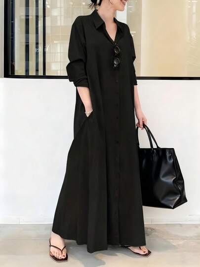 Plus Size Women Solid Color Long Sleeve Minimalist Long Casual Shirt Dress