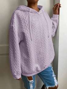 Plus Size Women Loose Casual Solid Color Jacquard Knit Long Sleeve Sweatshirt Spring - Lavender-1 - View 5