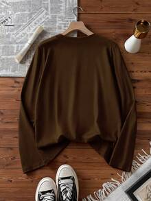 Women's 100% Cotton Solid Color Long Sleeve Casual Crew Neck T-Shirt, Winter - Coffee Brown - View 9