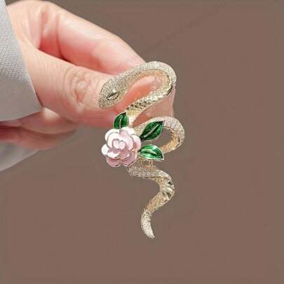 1pc Elegant Rose & Snake Brooch, Luxury Pin, Suitable For Women's Blazers And Sweaters, Unique Artistic Accessory For Christmas, New Year, Valentine's Day, No Power Required, Non-Rechargeable, Party Decor And Supplies