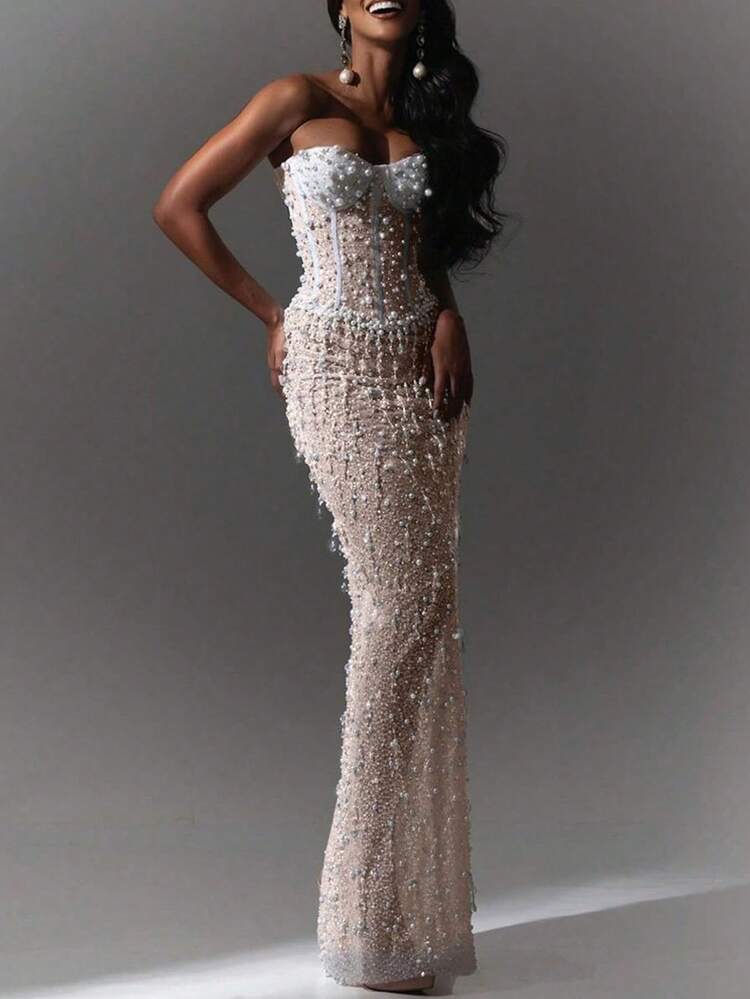 New Elegant Strapless Pearl Formal Dress, Luxury Waist-Cinched Long Gown,  Suitable For Christmas, New Year's Eve, Graduation Ceremony, Engagement And  Wedding Formal Occasions
