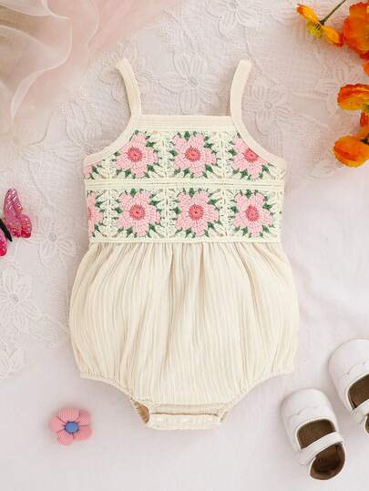 Summer New Baby Girls Knitted Embroidered Floral Romper, Sweet & Cute, Suitable As Birthday Gift Or Everyday Outdoor Wear