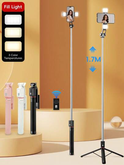 2026 New 1.7m Extendable Selfie Stick With Anti-Shake, Retractable Tripod And Wireless Function. Made Of Durable ABS And Aluminum Alloy. Portable Remote Control Smart Phone Selfie Stick For Vlogging, Travel, Outdoor Photography, Compatible With IPhone/Smartphones. Great For Couples Photography On Valentine's Day