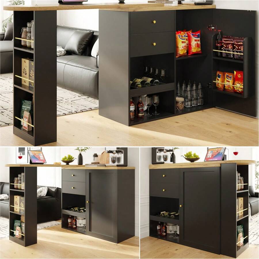 360° Rotating Standing Desk (105 X 39 X 102 Frame) With 4 Drawers And Open Shelves, Suitable For Dining Room/Office/Living Room, White - Black + MDF - View 1
