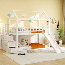 Łóżko piętrowe dla dzieci 90*200, łóżko wysokie, ze zjeżdżalnią i drabinką do przechowywania, wysoka barierka, rama łóżka z litego drewna, stelaż z listew, kolor drewna - Biel + Drewno + Sypialnia - Zobacz 5