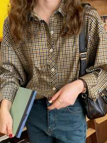女士休闲格子长袖衬衫，纽扣前襟落肩上衣，常规版型梭织面料