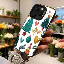 Cubierta de teléfono con diseño navideño blanco con árboles de navidad corazones bolas y texto Love para temporada festiva Aplicable a los teléfonos de la serie Apple y Galaxy - Negro - Ver 6