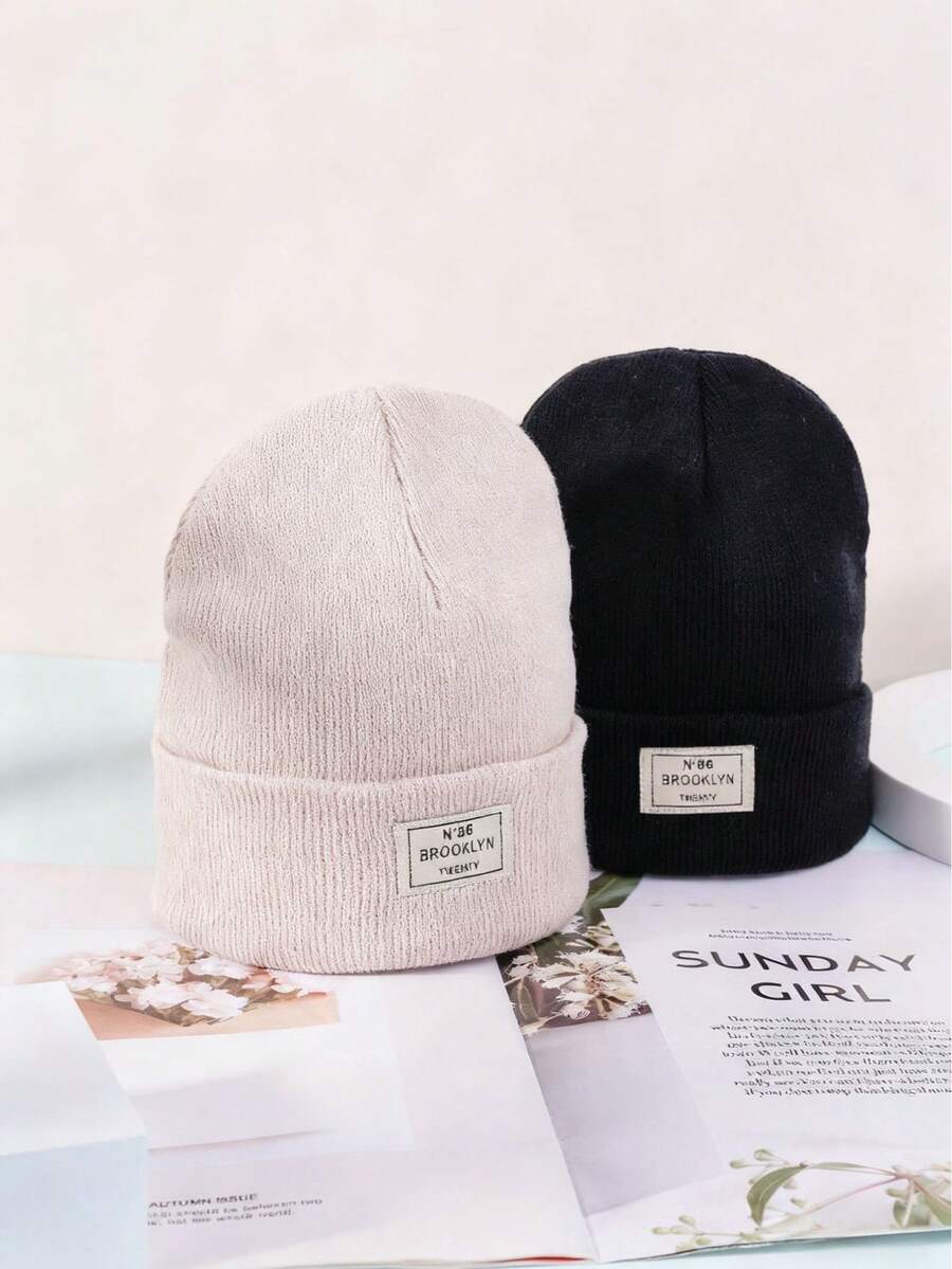 2pcs Letter Embroidered Unisex Casual Beanie Hats, Warm Winter Knit Caps For Men & Women, Versatile Outdoor Ear Protection