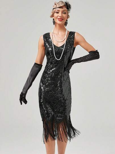 Women's Flapper Dresses Cocktail Party Dress 1920s V Neck Beaded Fringed Harlem Nights Dress
