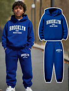 Tween Boy Cartoon Print Warm Hoodie And Sweatpants Set - Blue - View 7