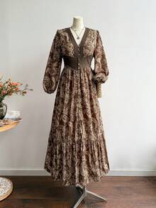 Rusttydustty 女士V领长袖连衣裙，棕色碎花印花，适合度假、下午茶、波西米亚风日常穿着，也适合秋冬季、情人节、新年和派对等场合。 - 棕色 - 查看 4